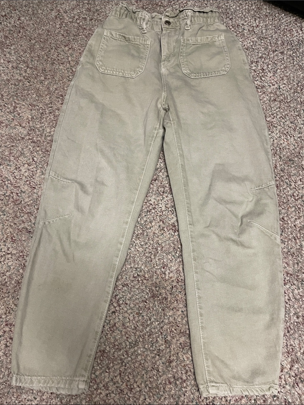 Zara paperbag waist barrel cropped leg Jeans in Light Olive